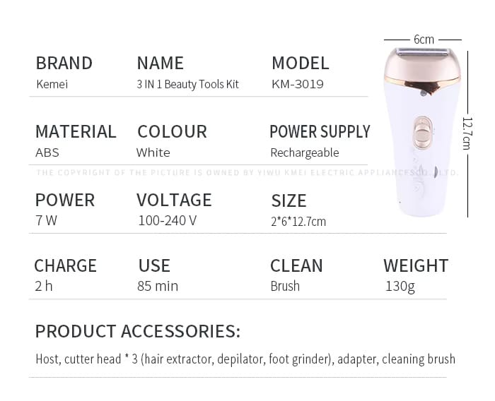 Kemei KM-3019 3-in-1 Women's Electric Epilator - Shaver