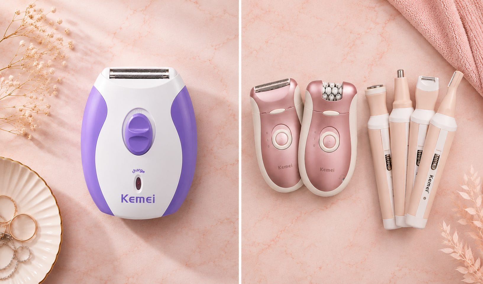 Epilator vs shaver comparison showing Kemei ladies shaver and epilator devices side by side