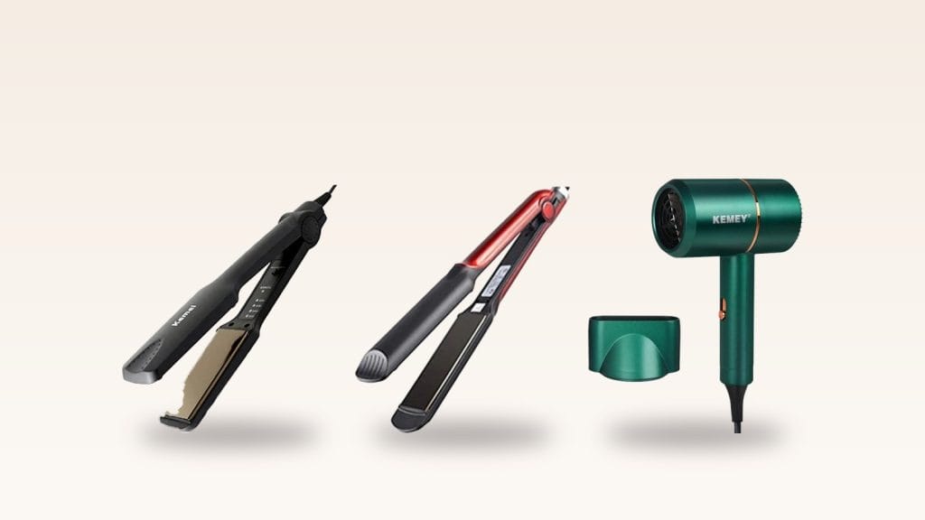 Kemei KM-329 hair straightener, KM-531 hair straightener and KM-9826 hair dryer