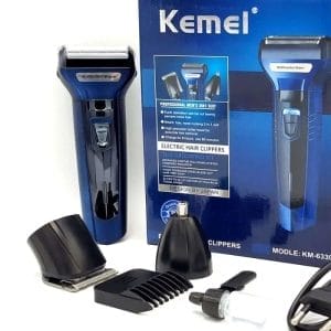 Kemei KM-6330 3-in-1 grooming kit with its box, clipper head, nose trimmer, guide comb, oil, brush and charging cable